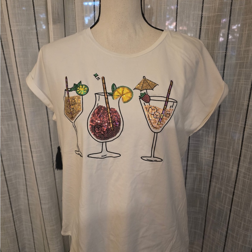 Chic Embroidered Cocktail White Tee